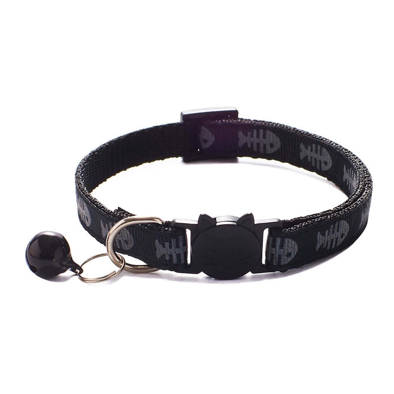 Adjustable Cat Collar Cute Fishbone Print Breakaway Nylon Pet Puppy Dog Kitten Cat Collar with Bells 19-32cm 1.0cm Drop Shipping