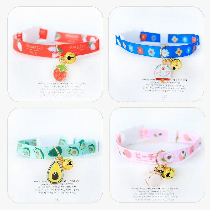 1PCS Fruit Print Pendant Pet Collar 18-32cm Adjustable Bells Safety Buckle Cute Peach Strawberry Kitten Puppy Collar Supplier