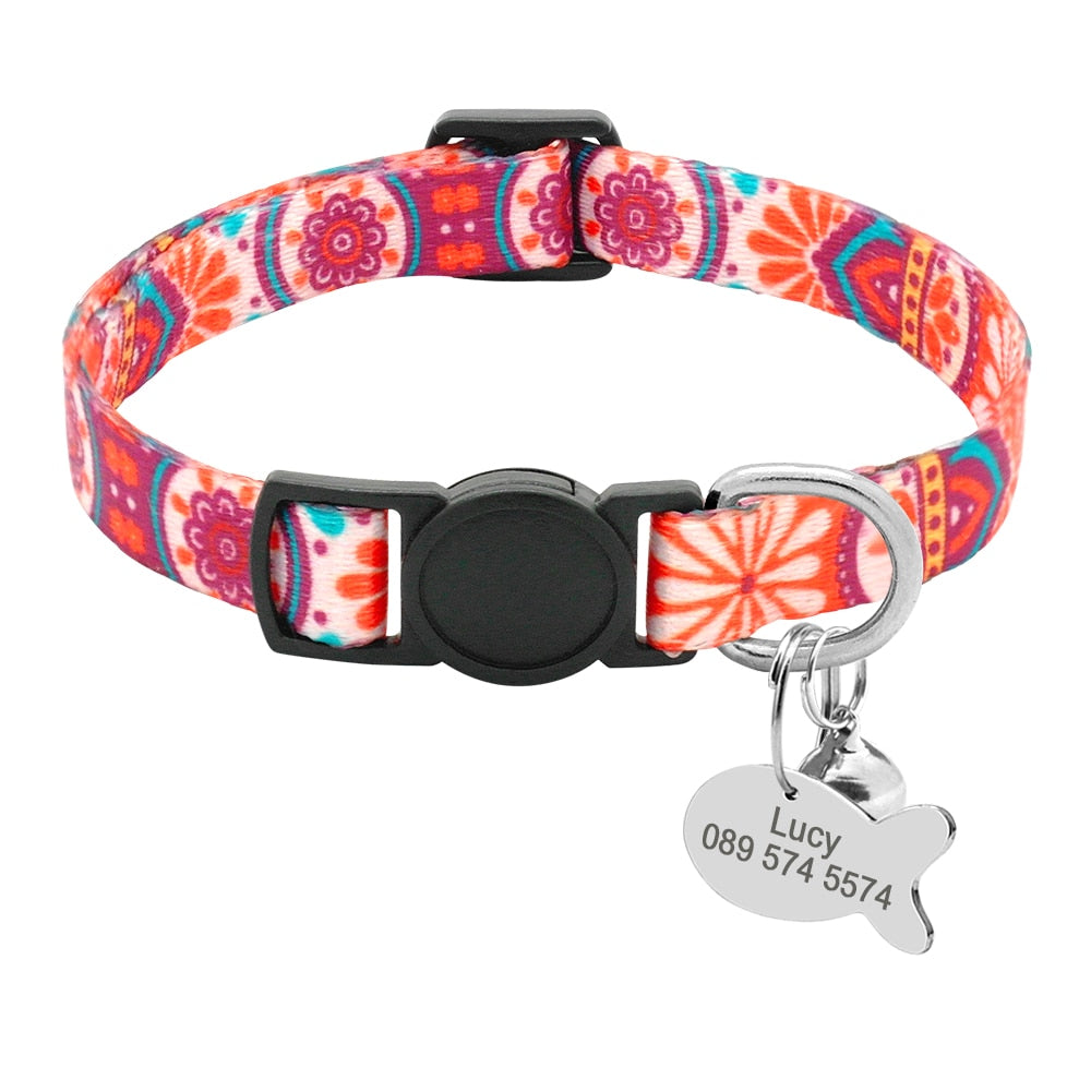 Custom Safety Cat Collar Personalized Cute Kitten Puppy Collars with Bell Name Tag Nylon Print Pet Cats Necklace Accessories
