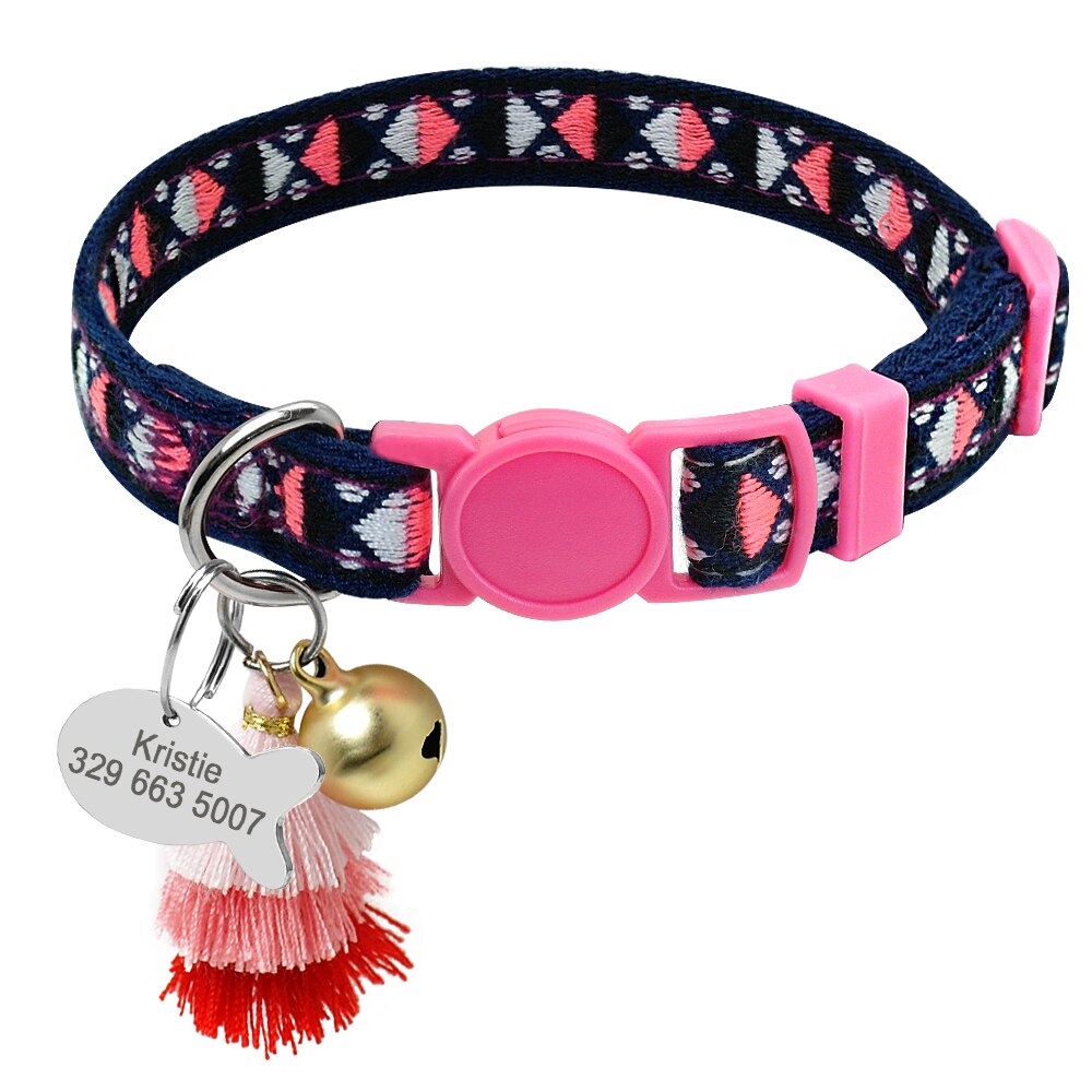 Custom Safety Cat Collar Personalized Cute Kitten Puppy Collars with Bell Name Tag Nylon Print Pet Cats Necklace Accessories