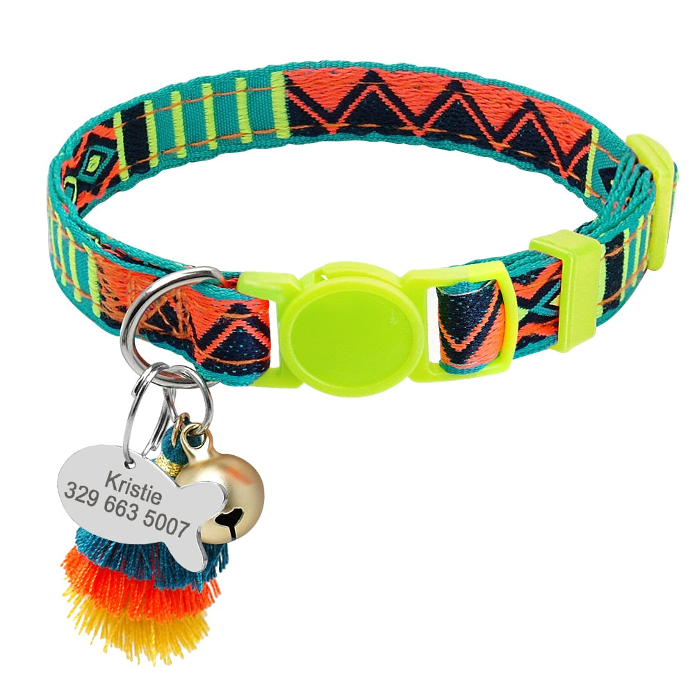Custom Safety Cat Collar Personalized Cute Kitten Puppy Collars with Bell Name Tag Nylon Print Pet Cats Necklace Accessories