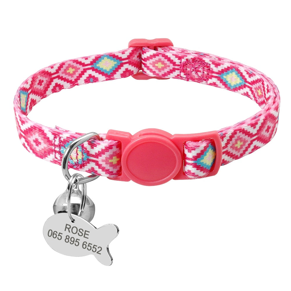 Custom Safety Cat Collar Personalized Cute Kitten Puppy Collars with Bell Name Tag Nylon Print Pet Cats Necklace Accessories