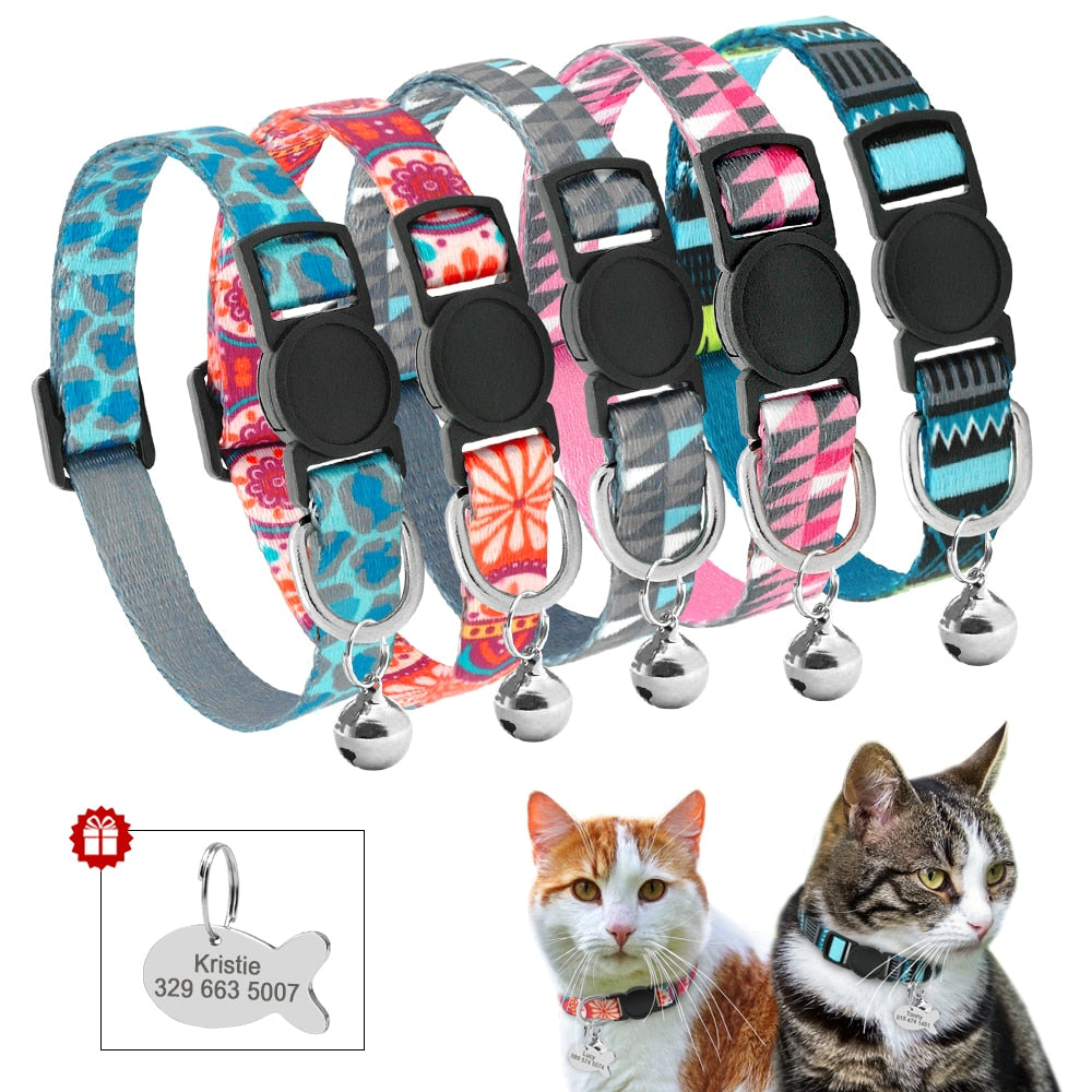 Custom Safety Cat Collar Personalized Cute Kitten Puppy Collars with Bell Name Tag Nylon Print Pet Cats Necklace Accessories