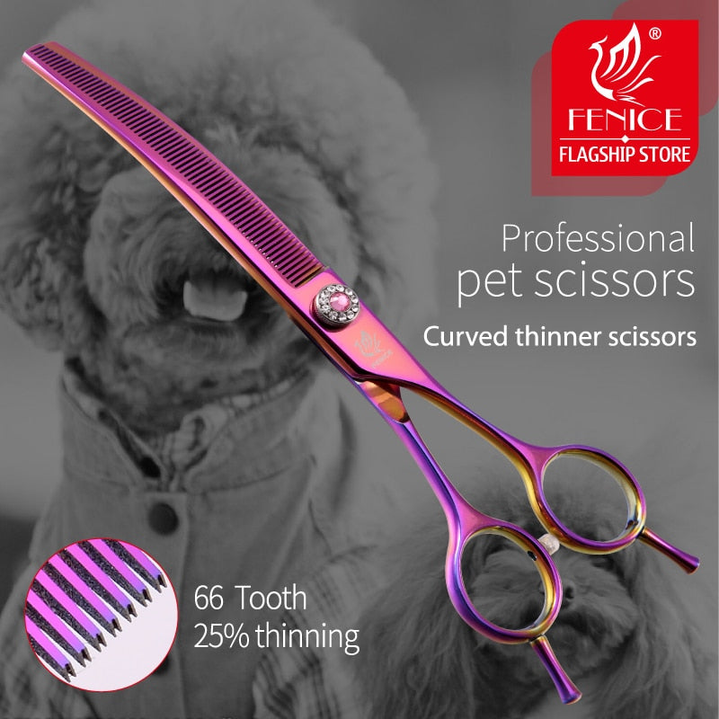 Fenice high-end 7.25 inch professional dog grooming scissors curved thinning shears for dogs & cats animal hair tijeras tesoura