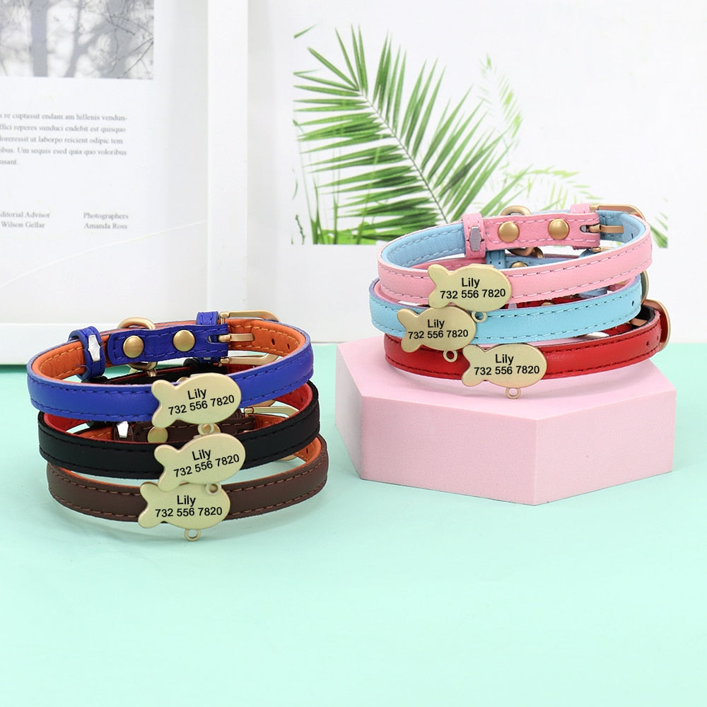 Cute Cat Personalized ID Collar Engraved Kitten Puppy Name Collars Necklace For Small Medium Cats With Bell Fish Tag Nameplate