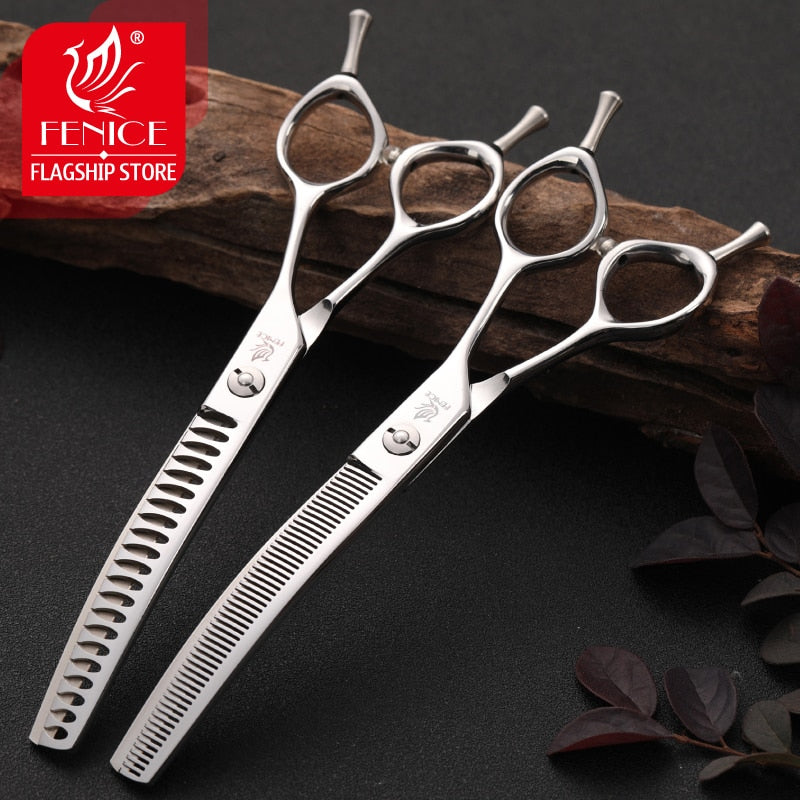 Fenice 7.0/7.5 inch Professional Dog Grooming Shears Curved Thinning Scissors for Dog Face Body Cutiing JP 440C High Quality