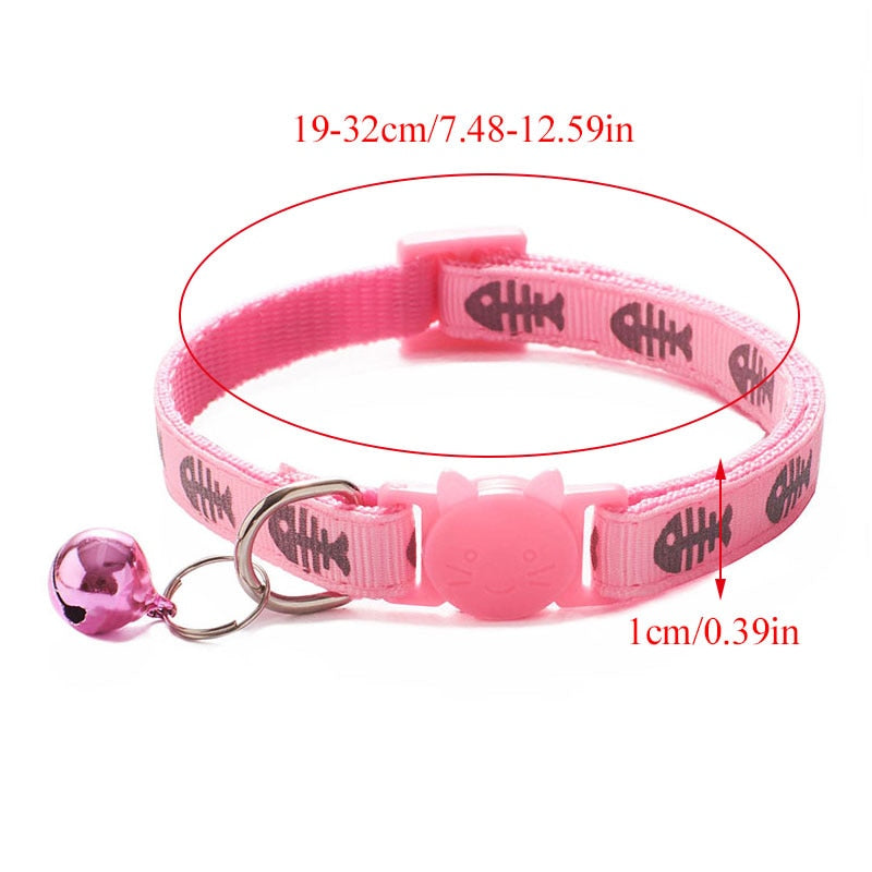Adjustable Cat Collar Cute Fishbone Print Breakaway Nylon Pet Puppy Dog Kitten Cat Collar with Bells 19-32cm 1.0cm Drop Shipping