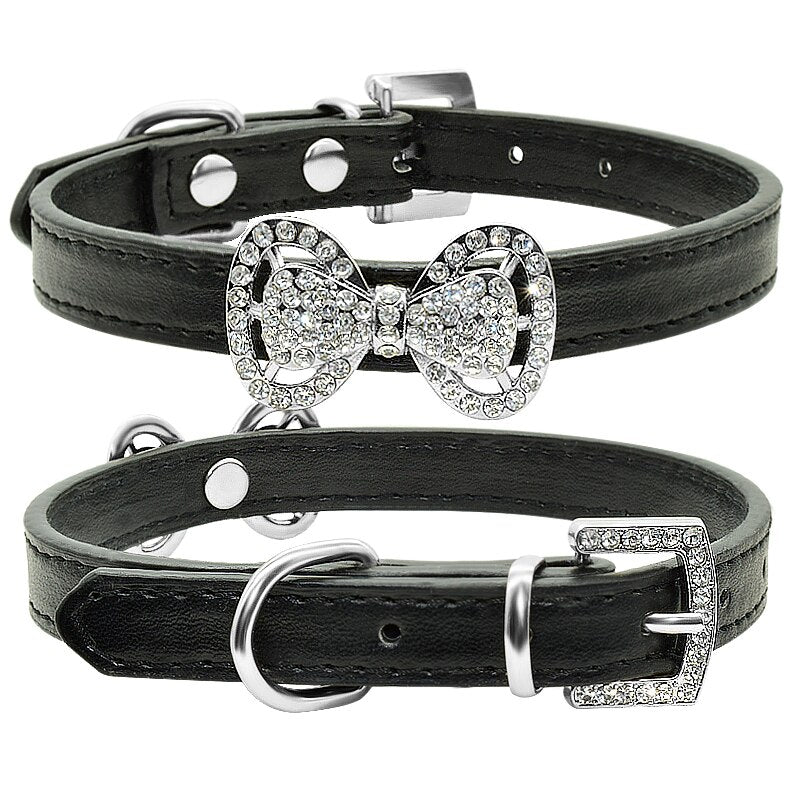 Cute Bling Bow Tie Cat Collar Soft Leather Rhinestone Cat Collar Glitter Diamond Buckle Lovely Cat Collar For Kitty Neck Strap