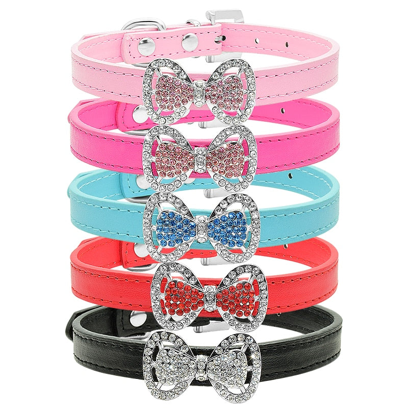 Cute Bling Bow Tie Cat Collar Soft Leather Rhinestone Cat Collar Glitter Diamond Buckle Lovely Cat Collar For Kitty Neck Strap
