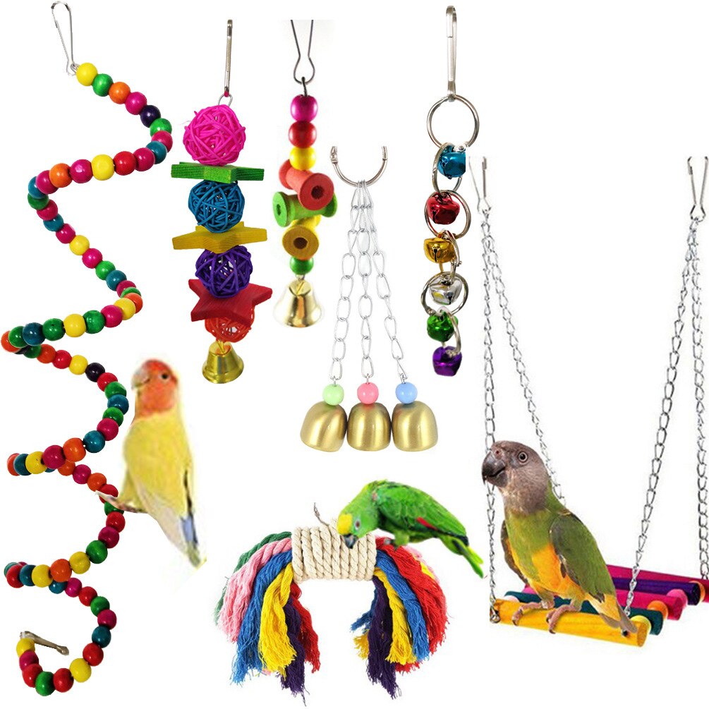 10PCS Parrot Bird Toys Wood Articles Pet Bird Set Combination Toys For Parrot Ladder Training Bird Toy Swing Ball Bell Standing