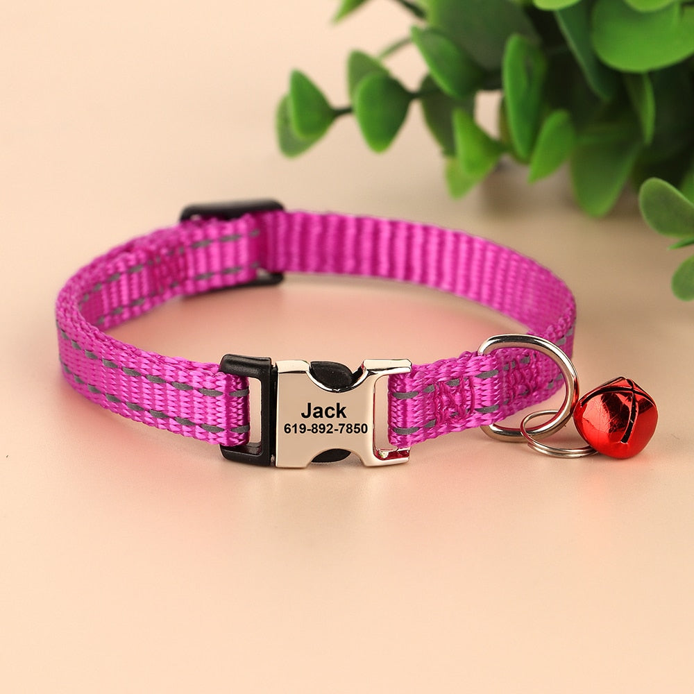 Personalized Cat Collar Reflective Nylon Dog Cats ID Collars With Bell Free Engraving for Cats Small Dogs Chihuahua 10 Colors