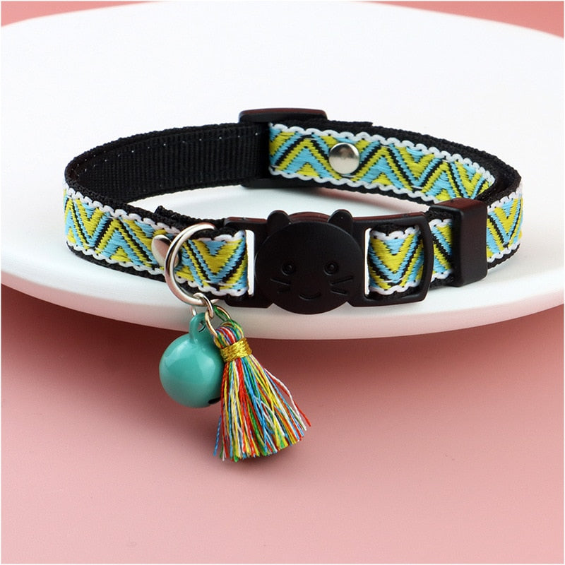 Adjustable Cat Collar with Tassels and Bells Embellished Pet Collar Colorful Plaid Jacquard Pattern Collars for Cat Dog Supplies