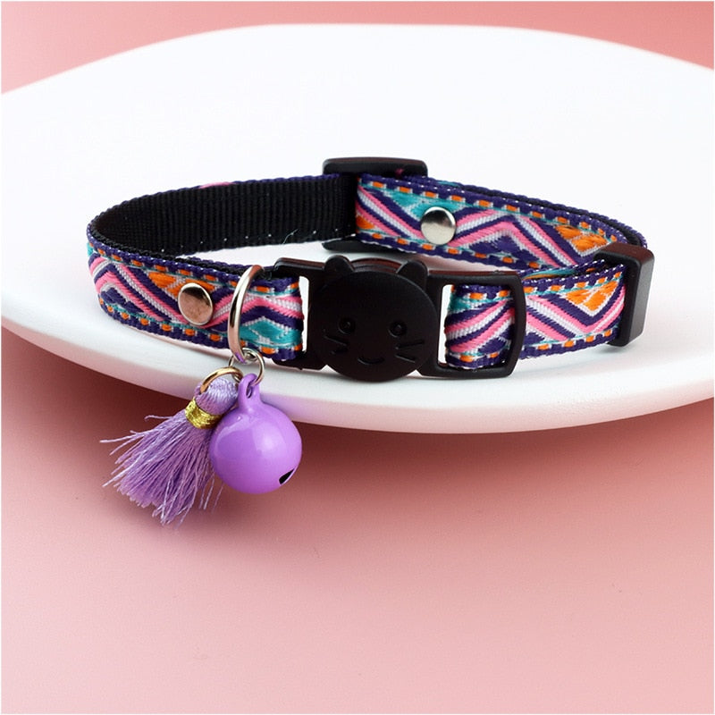 Adjustable Cat Collar with Tassels and Bells Embellished Pet Collar Colorful Plaid Jacquard Pattern Collars for Cat Dog Supplies