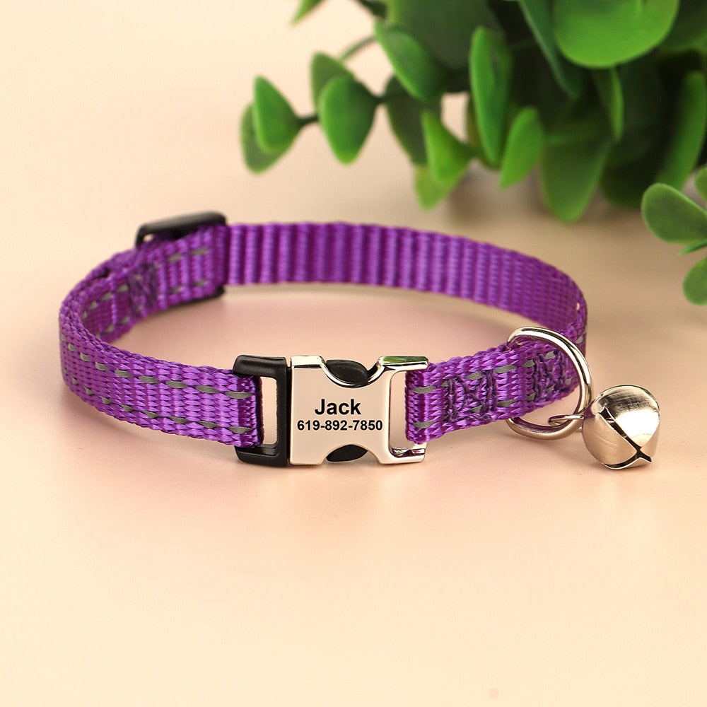Personalized Cat Collar Reflective Nylon Dog Cats ID Collars With Bell Free Engraving for Cats Small Dogs Chihuahua 10 Colors