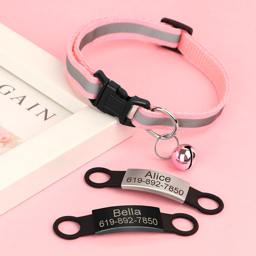 Reflective Cat Collar Engraved Safe Cats Kitten Collars with Bell Puppy Pet Necklace Accessories for Cat Small Dog Chihuahua