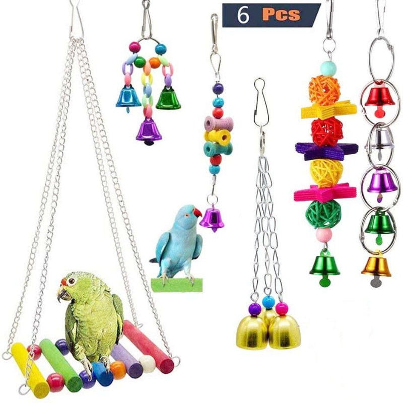 10PCS Parrot Bird Toys Wood Articles Pet Bird Set Combination Toys For Parrot Ladder Training Bird Toy Swing Ball Bell Standing