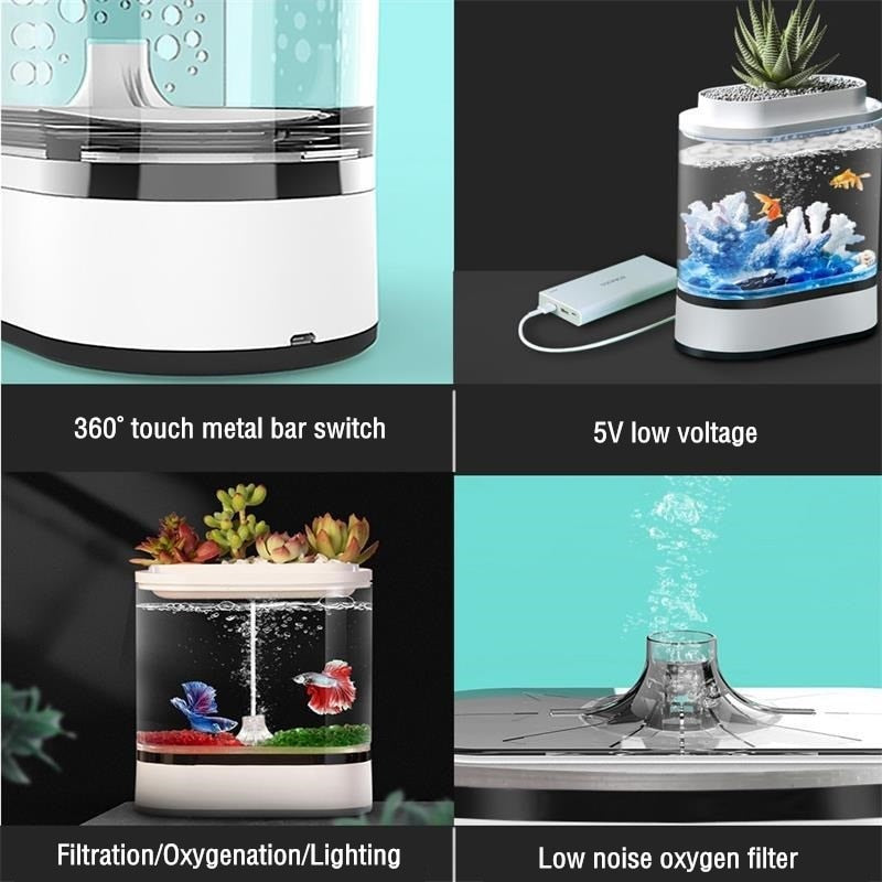 Geometry Mini Lazy Fish Tank Aquarium Starter Kit Aquarium Desktop USB Charging with 7 Colors LED Light for Betta Fish
