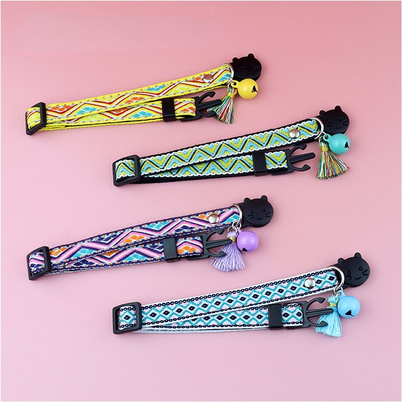 Adjustable Cat Collar with Tassels and Bells Embellished Pet Collar Colorful Plaid Jacquard Pattern Collars for Cat Dog Supplies