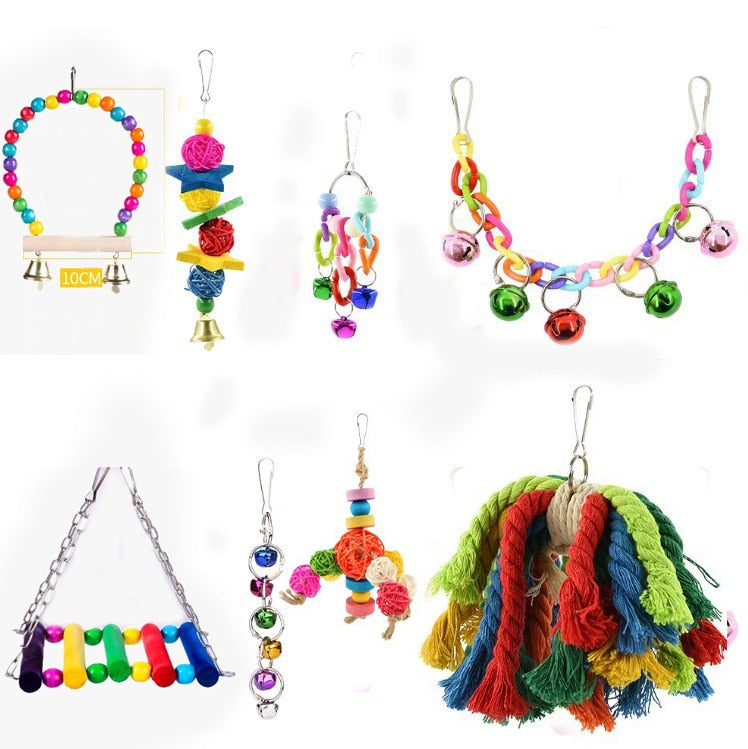 10PCS Parrot Bird Toys Wood Articles Pet Bird Set Combination Toys For Parrot Ladder Training Bird Toy Swing Ball Bell Standing