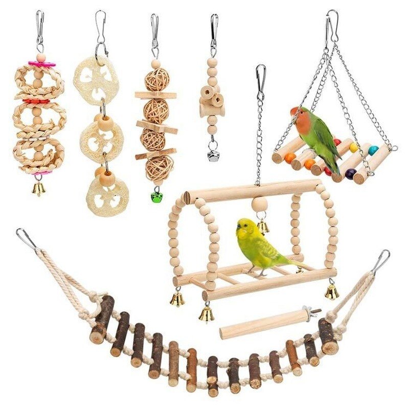 10PCS Parrot Bird Toys Wood Articles Pet Bird Set Combination Toys For Parrot Ladder Training Bird Toy Swing Ball Bell Standing