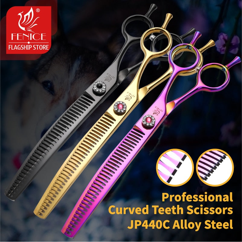 Fenice high-end 7.25 inch professional dog grooming scissors curved thinning shears for dogs & cats animal hair tijeras tesoura