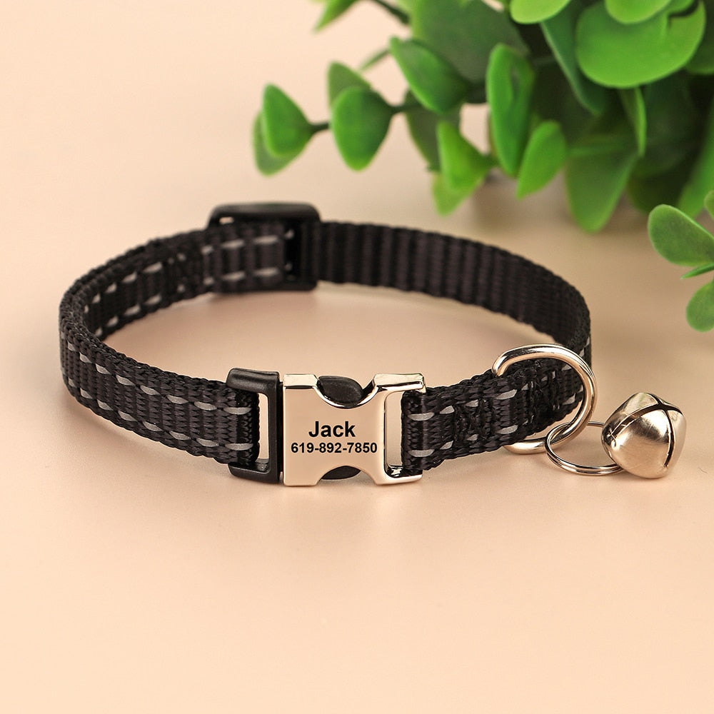Personalized Cat Collar Reflective Nylon Dog Cats ID Collars With Bell Free Engraving for Cats Small Dogs Chihuahua 10 Colors
