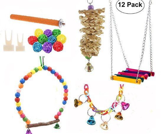 10PCS Parrot Bird Toys Wood Articles Pet Bird Set Combination Toys For Parrot Ladder Training Bird Toy Swing Ball Bell Standing