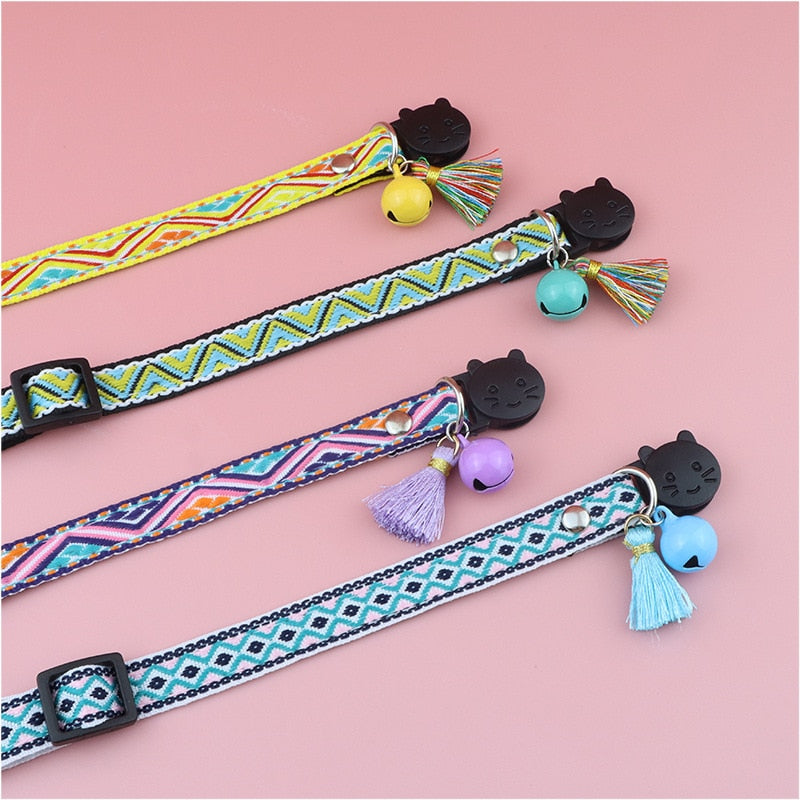 Adjustable Cat Collar with Tassels and Bells Embellished Pet Collar Colorful Plaid Jacquard Pattern Collars for Cat Dog Supplies