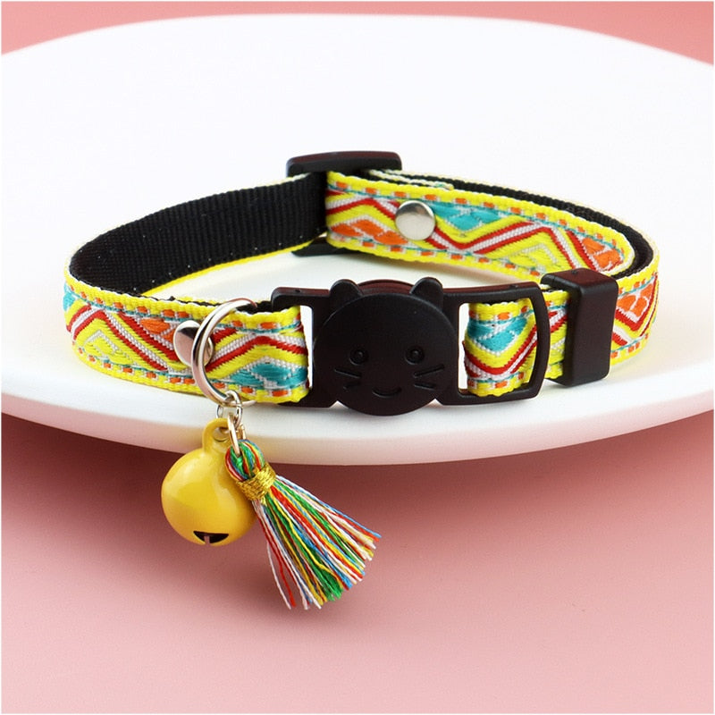 Adjustable Cat Collar with Tassels and Bells Embellished Pet Collar Colorful Plaid Jacquard Pattern Collars for Cat Dog Supplies