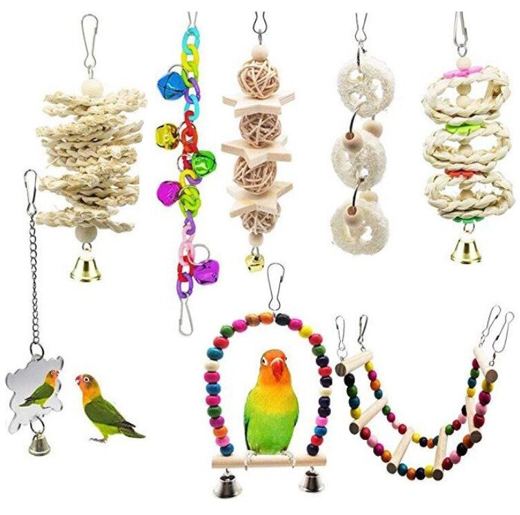 10PCS Parrot Bird Toys Wood Articles Pet Bird Set Combination Toys For Parrot Ladder Training Bird Toy Swing Ball Bell Standing