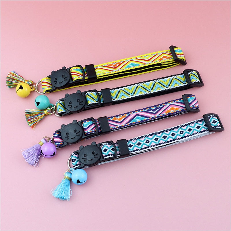 Adjustable Cat Collar with Tassels and Bells Embellished Pet Collar Colorful Plaid Jacquard Pattern Collars for Cat Dog Supplies