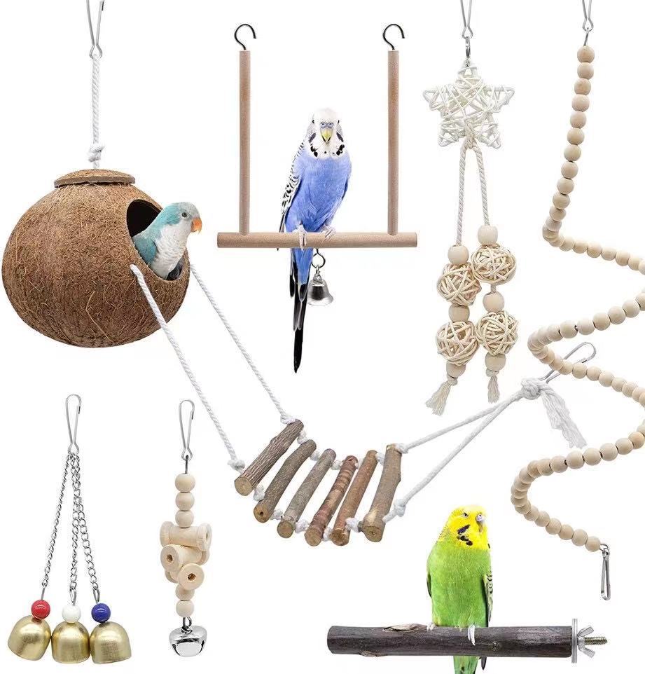 10PCS Parrot Bird Toys Wood Articles Pet Bird Set Combination Toys For Parrot Ladder Training Bird Toy Swing Ball Bell Standing