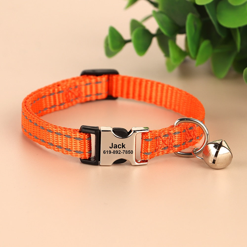 Personalized Cat Collar Reflective Nylon Dog Cats ID Collars With Bell Free Engraving for Cats Small Dogs Chihuahua 10 Colors