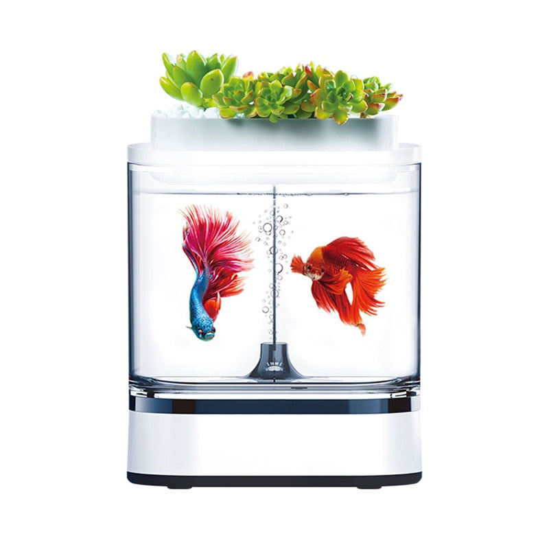 Geometry Mini Lazy Fish Tank Aquarium Starter Kit Aquarium Desktop USB Charging with 7 Colors LED Light for Betta Fish