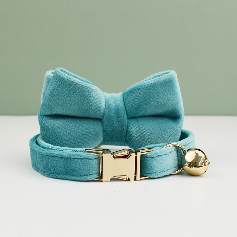 Velvet Cat Collar Bowknot Adjustable Safety Personalized Dog Collar Harness Customized Name Soft Velvet Harness Leash