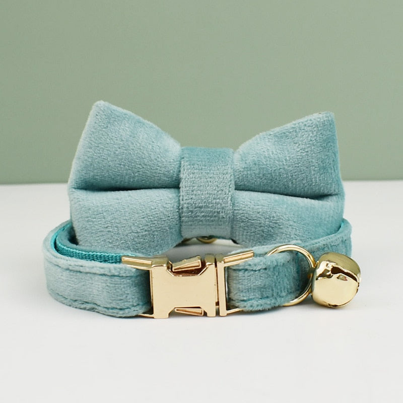 Velvet Cat Collar Bowknot Adjustable Safety Personalized Dog Collar Harness Customized Name Soft Velvet Harness Leash