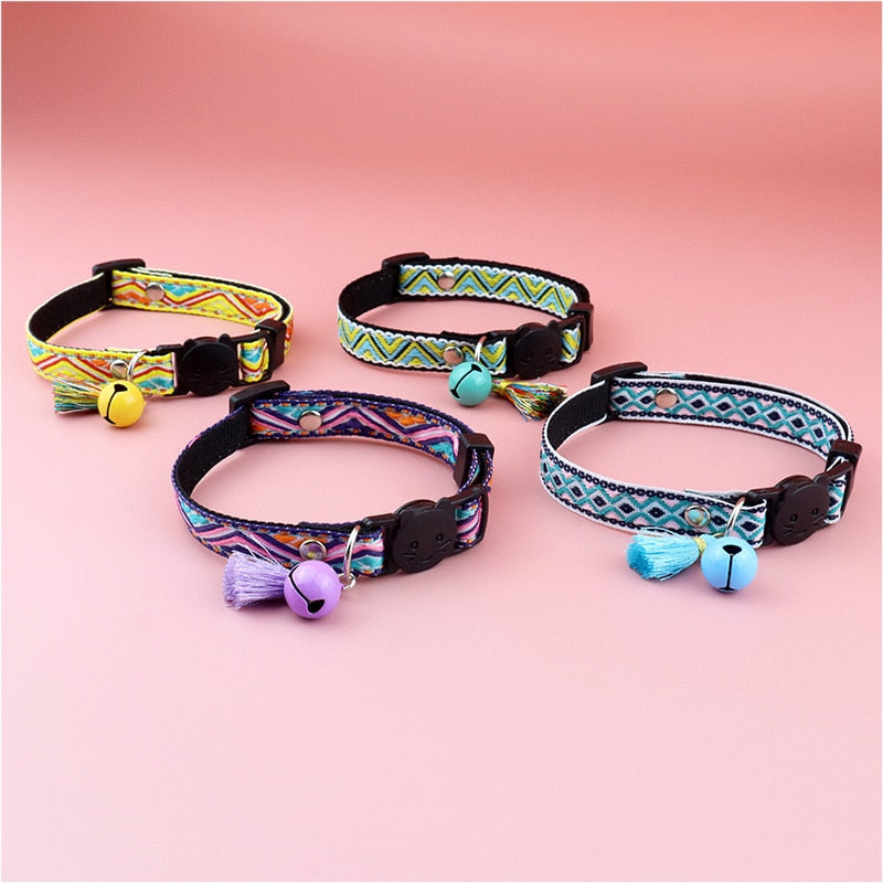 Adjustable Cat Collar with Tassels and Bells Embellished Pet Collar Colorful Plaid Jacquard Pattern Collars for Cat Dog Supplies