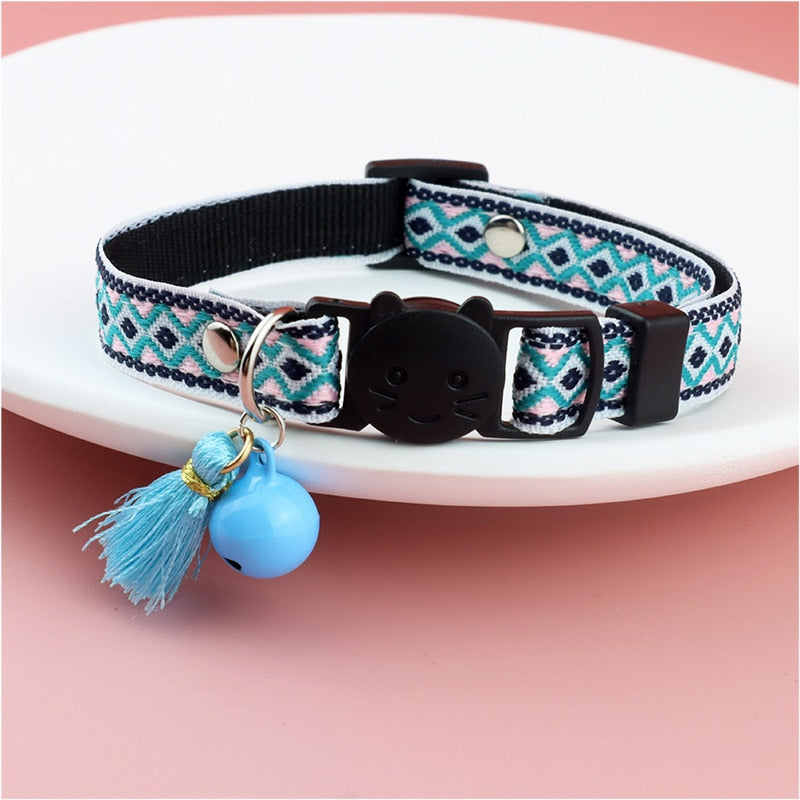 Adjustable Cat Collar with Tassels and Bells Embellished Pet Collar Colorful Plaid Jacquard Pattern Collars for Cat Dog Supplies