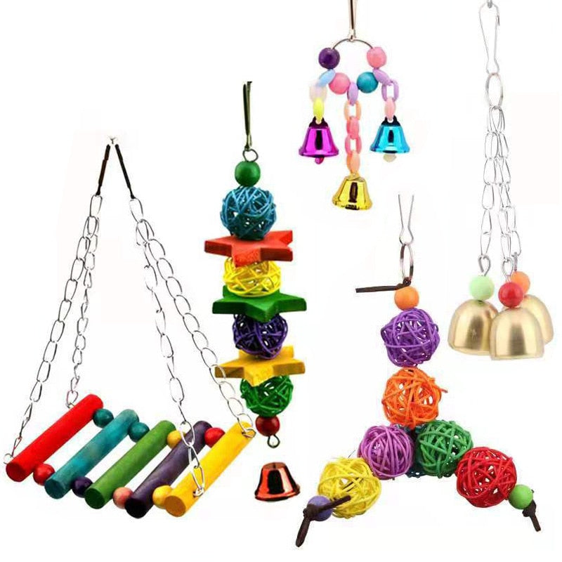 10PCS Parrot Bird Toys Wood Articles Pet Bird Set Combination Toys For Parrot Ladder Training Bird Toy Swing Ball Bell Standing