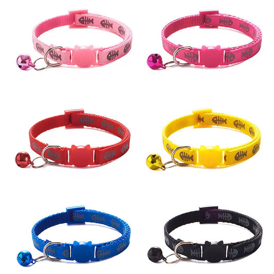 Adjustable Cat Collar Cute Fishbone Print Breakaway Nylon Pet Puppy Dog Kitten Cat Collar with Bells 19-32cm 1.0cm Drop Shipping