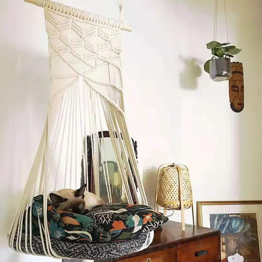 Handwoven Tapestry Wall Hanging Macrame Pet Cat Hammock Bed Swing Cage Cat Dog Bed HouseTassel Hanging Sleep Chair Seat Bed