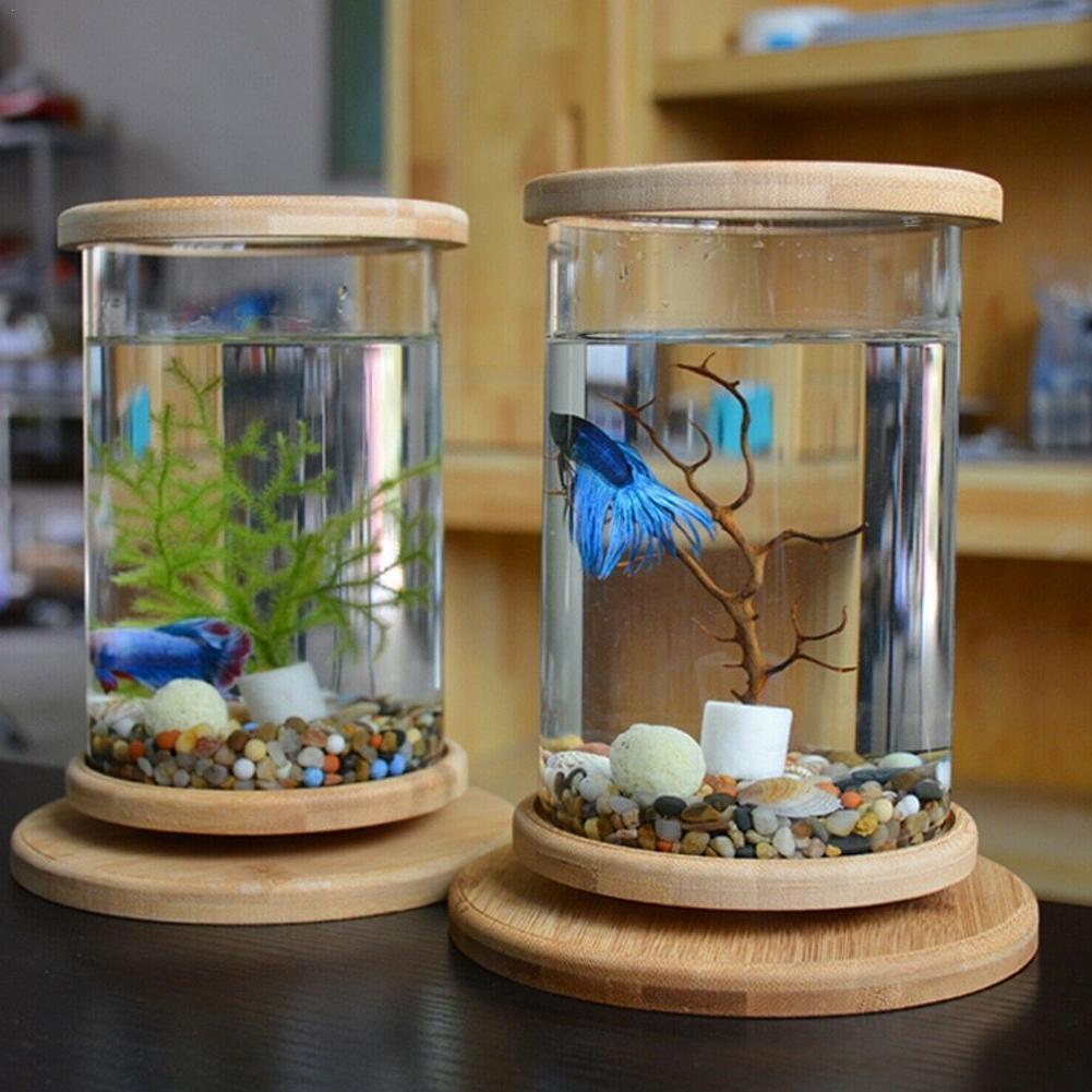 1 STÜCKE Mini Glas Aquarium Bambus Basis Aquarium Dekoration Drehen Dekoration Fisch Schüssel Ökologische Flasche Aquarium Zubehör
