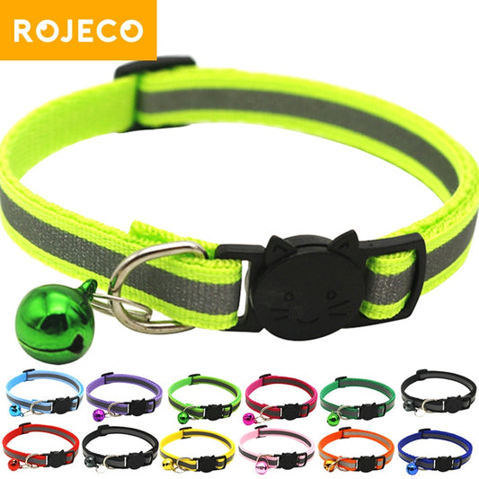 ROJECO Colorful Cat Collar With Bell Adjustable Safety Reflective Pet Collars For Cats Supplies Kitten Buckle Necklace Pet Leash