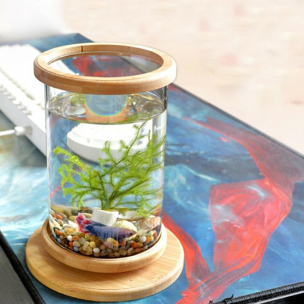 1 STÜCKE Mini Glas Aquarium Bambus Basis Aquarium Dekoration Drehen Dekoration Fisch Schüssel Ökologische Flasche Aquarium Zubehör