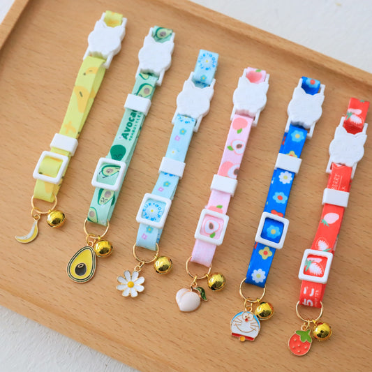 1PCS Fruit Print Pendant Pet Collar 18-32cm Adjustable Bells Safety Buckle Cute Peach Strawberry Kitten Puppy Collar Supplier