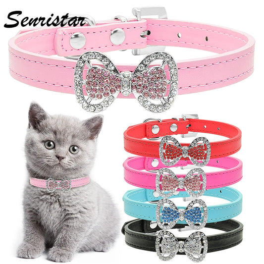 Cute Bling Bow Tie Cat Collar Soft Leather Rhinestone Cat Collar  Glitter Diamond Buckle Lovely Cat Collar For Kitty Neck Strap