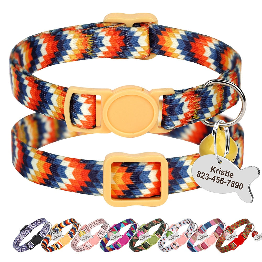 Bohemia Personalized ID Pet Cat Collar Free Engraving Custom Nylon Safety Breakaway Puppy Cat Collars Necklace Pet Accessories