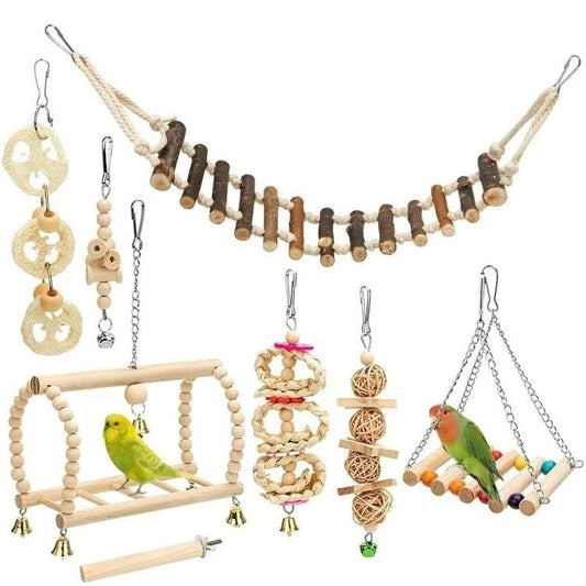 10PCS Parrot Bird Toys Wood Articles Pet Bird Set Combination Toys For Parrot Ladder Training Bird Toy Swing Ball Bell Standing