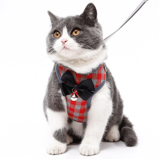 Cat harness Elegant plaid pattern with bow cat collar tie lead rope adjustable small dog cat chest with dog cat accessories