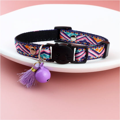 Adjustable Cat Collar with Tassels and Bells Embellished Pet Collar Colorful Plaid Jacquard Pattern Collars for Cat Dog Supplies